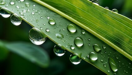 A closeup of water droplets clinging to a vibrant green leaf, showcasing the delicate beauty and life-giving properties of water.