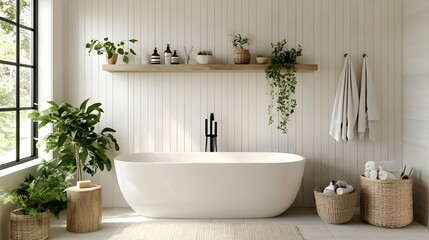 Fototapeta premium Cozy bathroom interior with a tub, shelf, and window