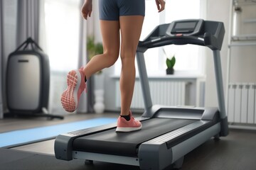 Fototapeta premium Sporty woman wearing pink and white striped shirt and blue shorts runs on black and silver home treadmill. Gray floor and white wall with window in the background.