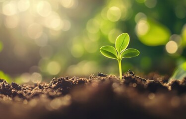 New sprout growing on the soil with morning sunlight background for environment day concept. 