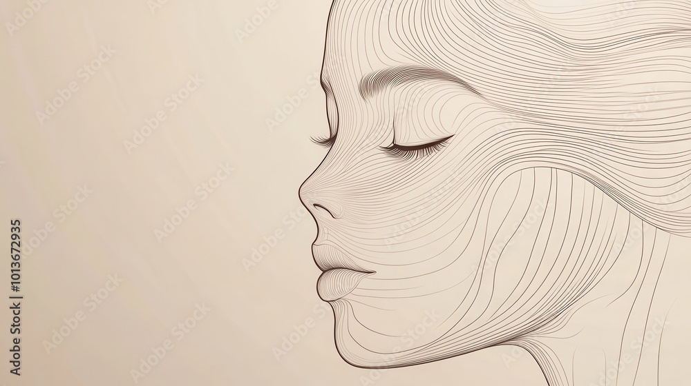 Poster a graceful representation featuring flowing lines that outline a female face, conveying tranquility 