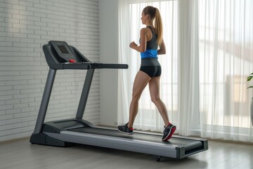 Fototapeta premium Young caucasian woman exercises on black home treadmill in indoor room. She wears black tank top and blue shorts, steps on belt. White brick wall and window with curtains provide natural light.