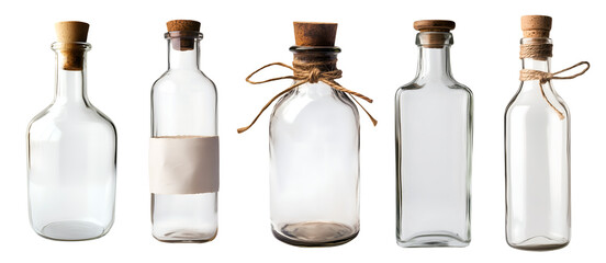 Collection set of clear empty bottle with cork wood stopper lid on transparent background cutout, PNG file. Many different style. Mockup template for artwork graphic design