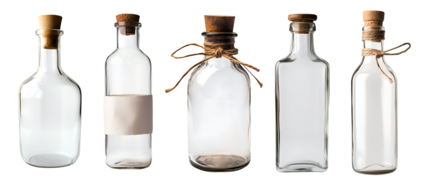 Collection set of clear empty bottle with cork wood stopper lid on transparent background cutout, PNG file. Many different style. Mockup template for artwork graphic design