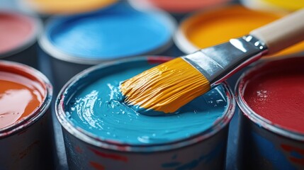 several Cans of paint with brushes on the table
