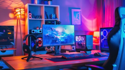 Pc computer with headphones and accessories on colorful neon background AI generated image