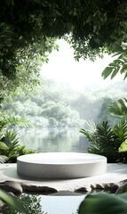4. A beautiful 3D render of a product display stage with a clean, empty podium surrounded by lush tree leaves and a peaceful water scene, providing an inviting backdrop for advertising and