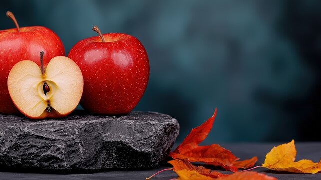 Three red apples on a stone with autumn leaves, vibrant and appealing.
