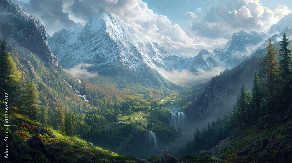 Wall mural Majestic Mountain Valley with Waterfall and Misty Clouds