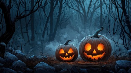 Two carved pumpkins glowing in a dark, eerie forest setting.