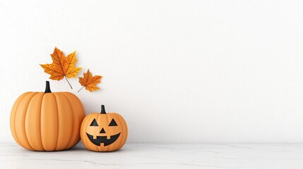Two decorative pumpkins with autumn leaves on a white background.