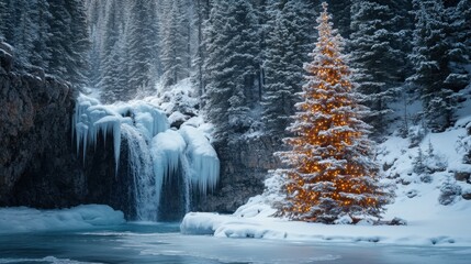 Obraz premium A Christmas tree standing tall next to a frozen waterfall in a snowy forest.