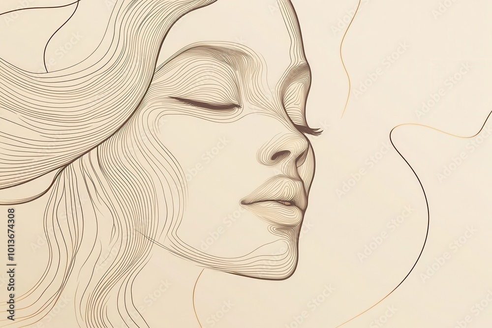 Aufkleber flowing, abstract lines create a delicate representation of a female face, capturing tranquility and