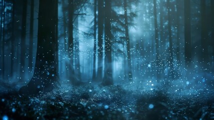 Obraz premium Fairy tale night forest, fast-falling tiny lights, tribal blue black white darkness, smoke, mystical atmosphere