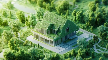 Modern eco-friendly house surrounded by lush greenery, showcasing sustainable architecture.