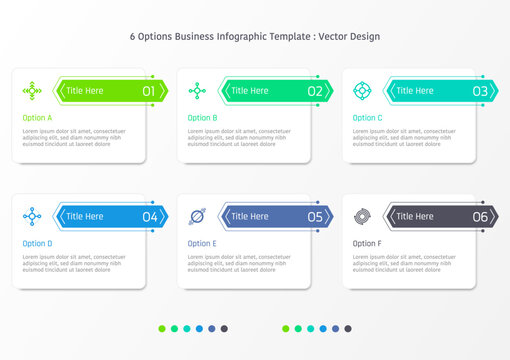6 options business infographic template, theme of rectangular frame with long hexagon bar, also with symbols and text title