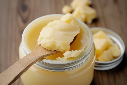 Jar of yellow tallow fat with spoon resting inside, and spoonful on wooden surface. Blurred background focuses on fat and utensil. Solid animal fat in container, wooden spoon.