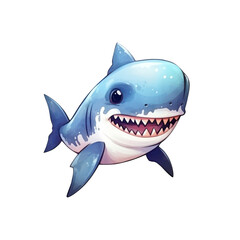 Smiling blue shark with white teeth, water splash background. Ideal for ocean themed designs, children's illustrations, and marine conservation materials. Generative AI