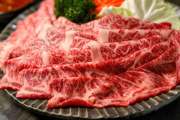 Close-up of plate of sliced beef on dark wooden table. Rich, dark red beef in circular pattern. Fresh meat on table for serving, food preparation, cooking, dining, restaurants, cafes, catering,
