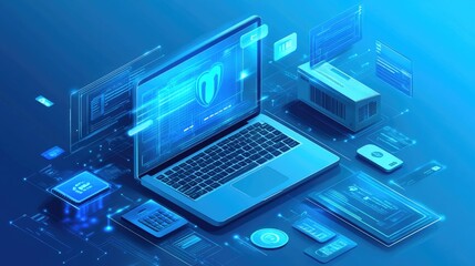 Futuristic blue-toned digital workspace with a laptop and various tech elements, showcasing modern technology and innovation.