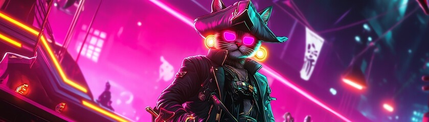 9 Pirate cat wearing neon earrings and a glowing coat, standing on a futuristic ship under vibrant pink and purple lights, synthwave pirate cat, 2D game art