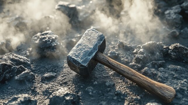 A weathered iron hammer resting on rocky terrain, shrouded in mist, evoking a sense of ancient craftsmanship and power.