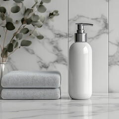 A white pump bottle with a chrome top sits on a marble countertop next to two folded towels.