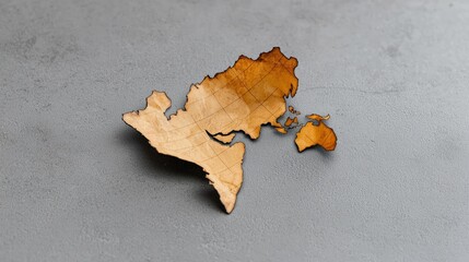 Wooden map of Asia on a textured concrete surface, creative and artistic representation.