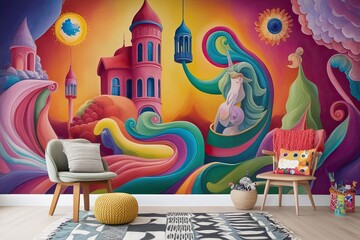 Joyful Whimsical Mural: Artistic Decor with Bright, Imaginative Colors
