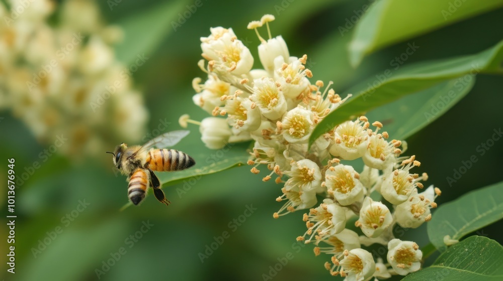 Canvas Prints A Honeybee in Flight Near White Flowers