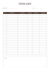 Item List  template Planner,