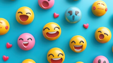 Fototapeta premium A vibrant blue background with 3D yellow, pink, and blue emoji