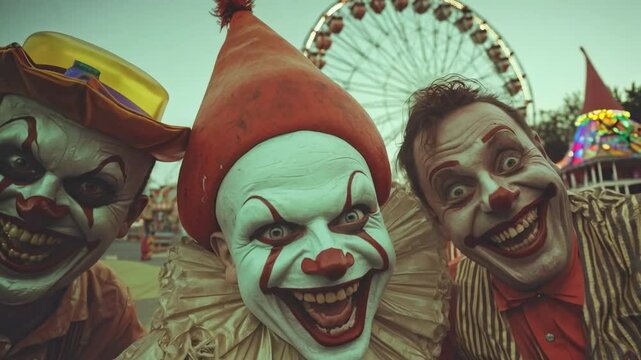 Creepy clowns with exaggerated expressions pose together at a carnival, with a ferris wheel in the background, creating a spooky and unsettling Halloween vibe