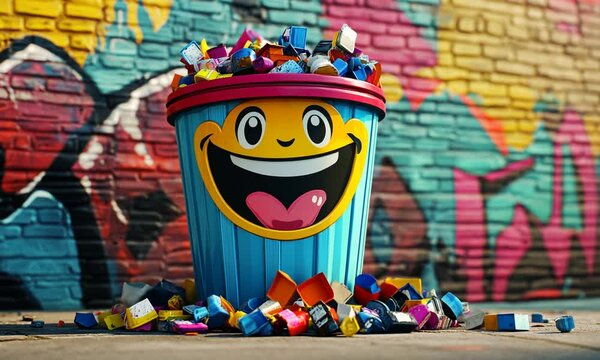 Smiling Trash Can Overflowing with Colorful Junk