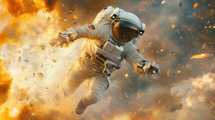 Astronaut in a spacesuit caught amidst an energetic explosion, embodying adventure and danger in a vibrant cosmic scene.