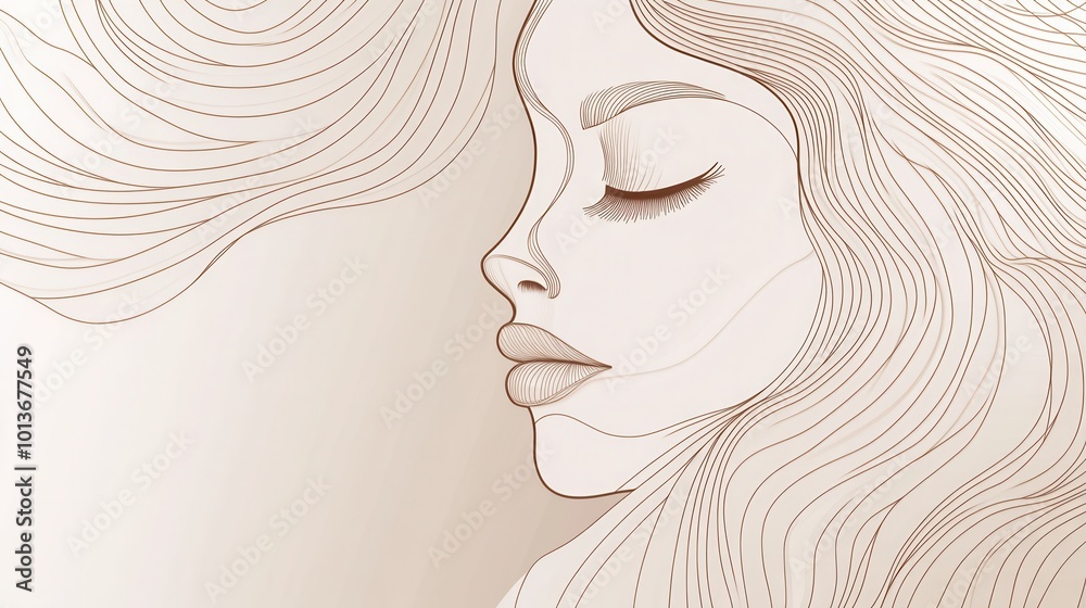 Aufkleber the artwork showcases an abstract outline of a female face, accentuated by flowing lines and a calmi