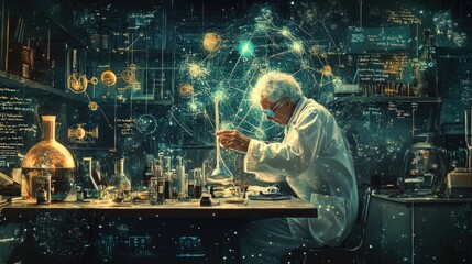 Elderly male scientist in a lab, conducting experiments with glowing substances, surrounded by cosmic symbols and equations.