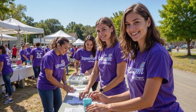 Photorealistic group of event volunteers helping at a public outdoor event on a sunny day