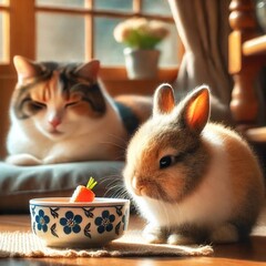A cozy scene of a fluffy rabbit sitting near a decorative bowl with a carrot, while a relaxed cat lounges in the background, basking in the warm, sunlit room.