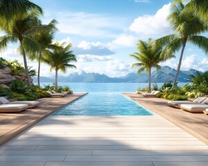 Fototapeta premium Escape to Paradise Sun-Soaked Relaxation by the Pool, Gentle Breeze, and Tranquil Waters, Perfect for Ultimate Leisure