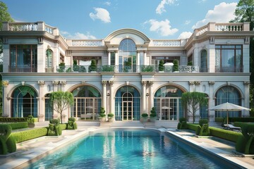 Luxury mansion with large windows, arched doors, French architectural style, grand columns, symmetrical design, swimming pool, garden, photorealistic and detailed