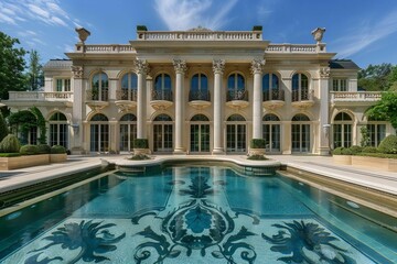 Fototapeta premium Luxury mansion with large windows, arched doors, French architectural style, grand columns, symmetrical design, swimming pool, garden, photorealistic and detailed