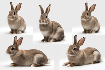 Fototapeta premium Showcase of Fluffy Lop-Eared Rabbits Sitting, Hopping, and Lying Isolated on White Background