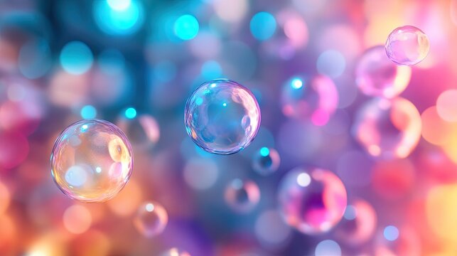 Colorful soap bubbles shimmering in a dreamy background of vibrant hues and soft light.