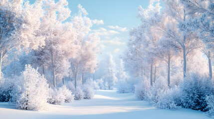 Obraz premium 3D Glossy Winter Forest with Snow-Covered Trees: Serene Landscape and Clear Copy Space for Winter Promotions