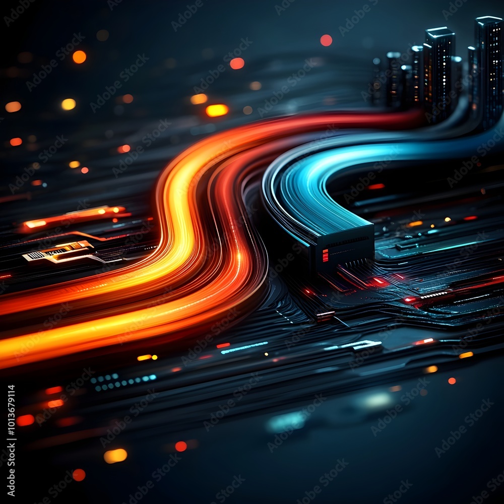 Poster cyberpunk inspired abstract digital artwork depicting an interconnected smart mobility network featu