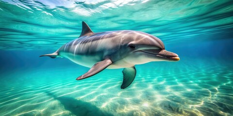Obraz premium Dolphin swimming gracefully in turquoise water , marine life, mammal, graceful, aquatic, ocean, wildlife, underwater