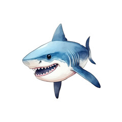 Smiling blue shark with white teeth, water splash background. Ideal for ocean themed designs, children's illustrations, and marine conservation materials. Generative AI