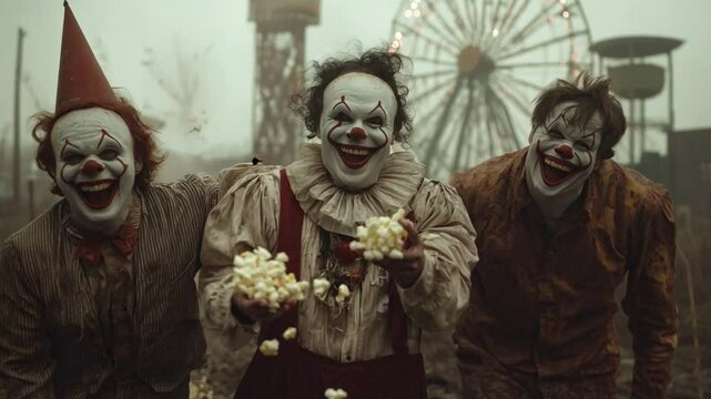 Three creepy clowns laugh maniacally while tossing popcorn at an abandoned carnival, with a rusting ferris wheel in the background, creating a disturbing Halloween atmosphere