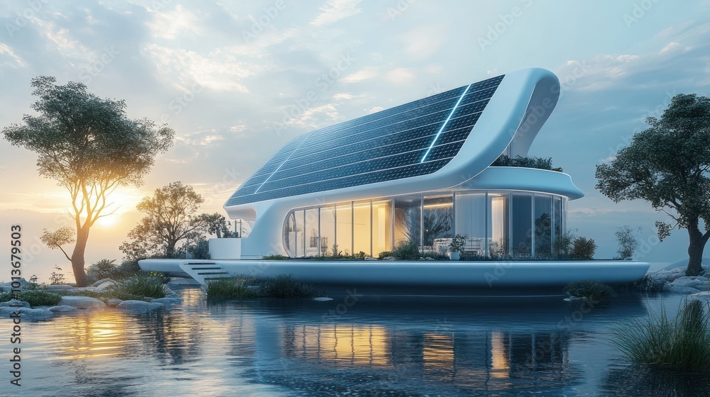 Wall mural Futuristic Solar-Powered House on a Lake at Sunset